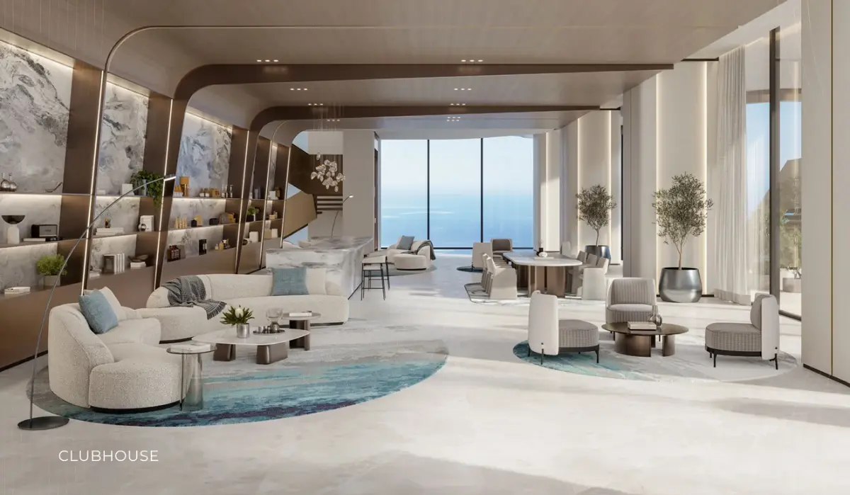 Clubhouse lounge with curved seating and floor-to-ceiling windows at Ellington Berkeley Tower