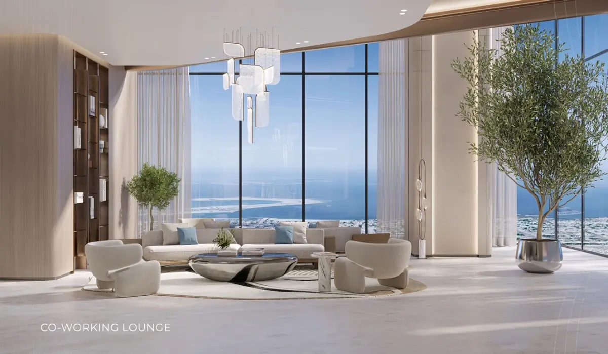 Co-working lounge with double-height glazing and sea views at Ellington Berkeley Tower