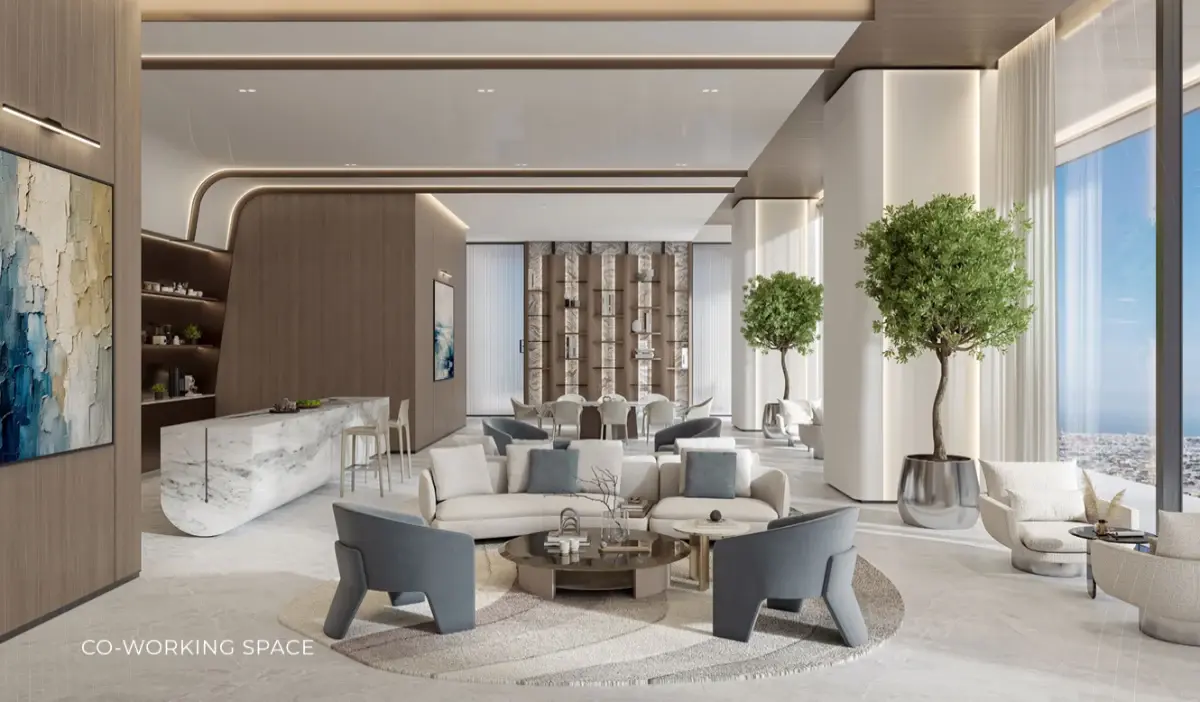 Co-working space with lounge seating, timber joinery and full-height glazing at Ellington Berkeley Tower