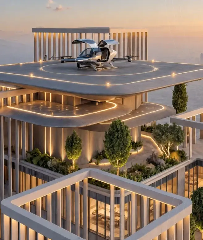 Conceptual view of the tower crown with landscaped levels and a rooftop landing deck at Ellington Berkeley Tower