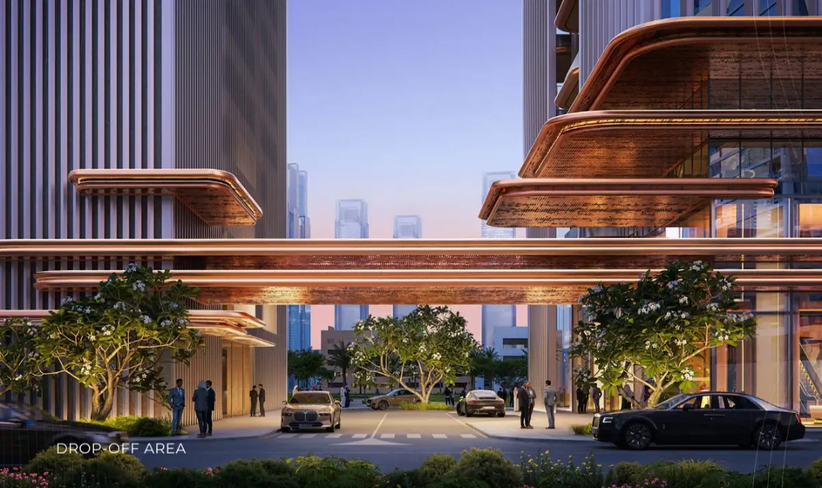 Tree-lined drop-off area beneath bronze canopies at the base of Ellington Berkeley Tower