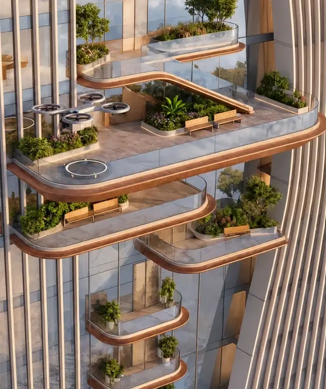 Close view of planted terraces with curved bronze edges stepping out from the facade at Ellington Berkeley Tower
