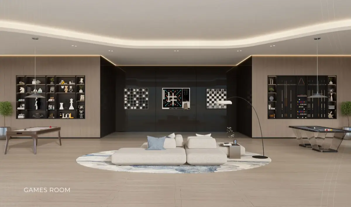 Games room with chess displays, a sofa and a billiards table at Ellington Berkeley Tower