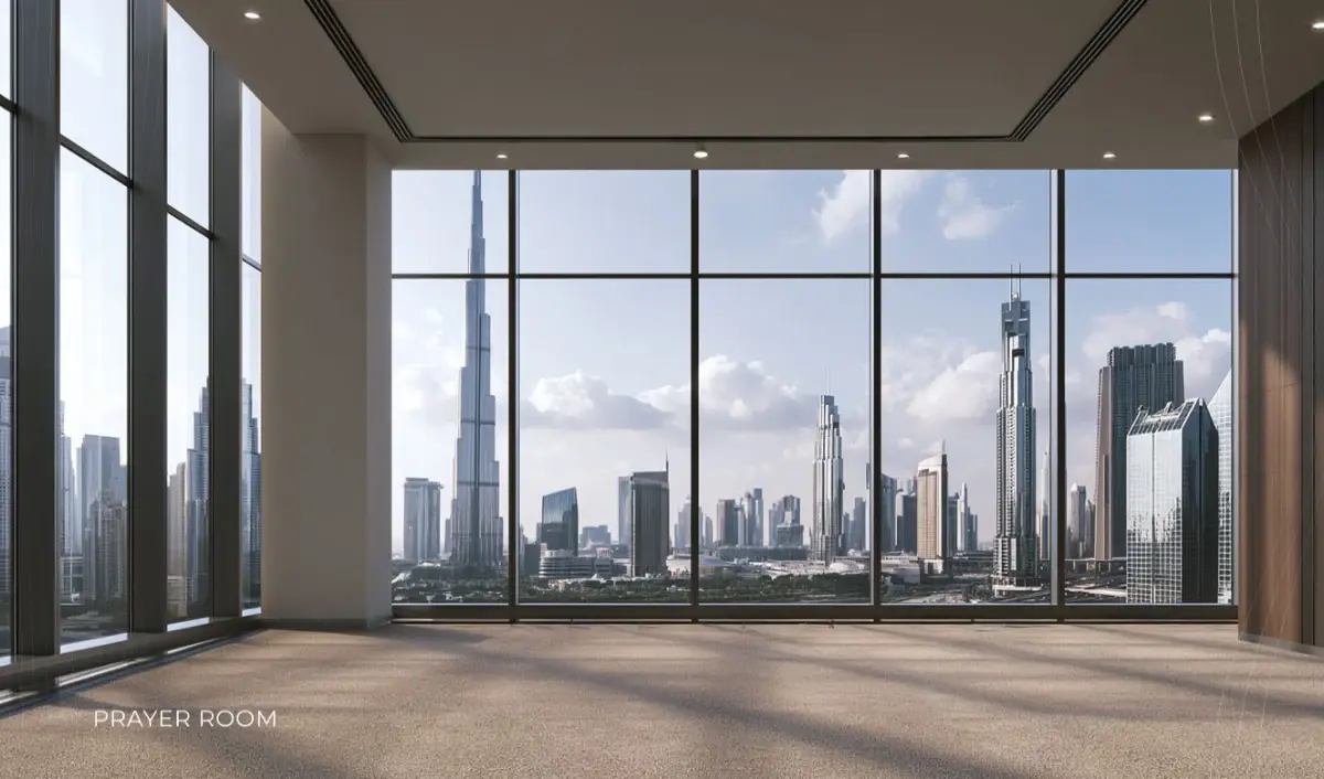 Prayer room with floor-to-ceiling windows facing Burj Khalifa at Ellington Berkeley Tower