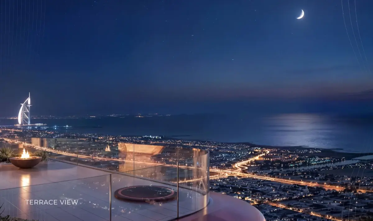 Terrace at night with a fire bowl and views over the coast at Ellington Berkeley Tower